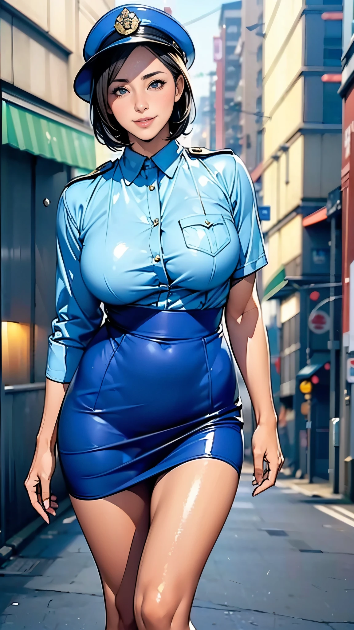 (masterpiece:1.2, highest quality), (Realistic, photoRealistic:1.4),1 female,Japanese,Mature Woman,Policewoman on patrol,48 years old,(whole body),(Short Bob),(Beautiful Skin),(Shiny skin),(Beautiful female hands),(Police Officer Shirt),(Tight mini skirt),(Police hat),BREAK(smile),(The background is a street corner:1.5),(((Background Blur:1.5))),((police uniform))