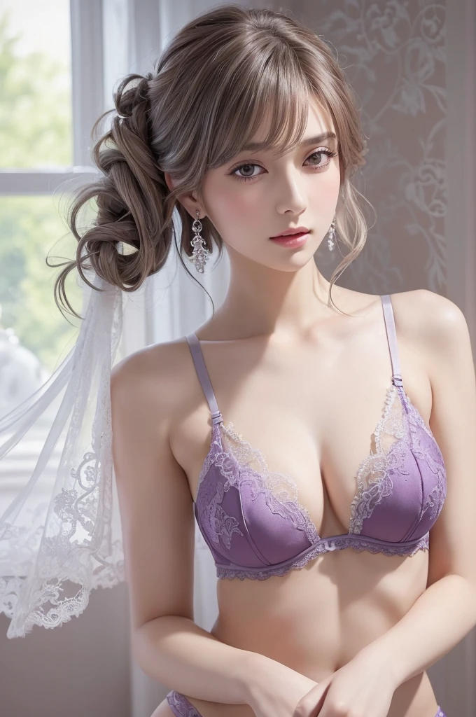 purple lace thong&bra, (((Very elegant and beautiful, Perfect detail, Super detailed))), whole body, The most detailed girl, Depth of written boundary, 美しく詳細なwhole body, Thin legs, 1 girl, 30 years old, Very short hair, Spiked Hair, Gray and silver hair, Beautiful detailed hair, Perfect Face, Expressionless, Beautifully detailed deep eyes, Open your mouth a little, Delicate arms and hands, Pale skin, Earrings, Beautiful and gorgeous necklace, Colorful background, HD background, Blurred Background, Very delicate and beautiful, Masterpiece, (((highest quality, Very beautiful 8K CG wallpaper))), (((Trendy hairstyles))), (Inside the room,Stylish interior,window),