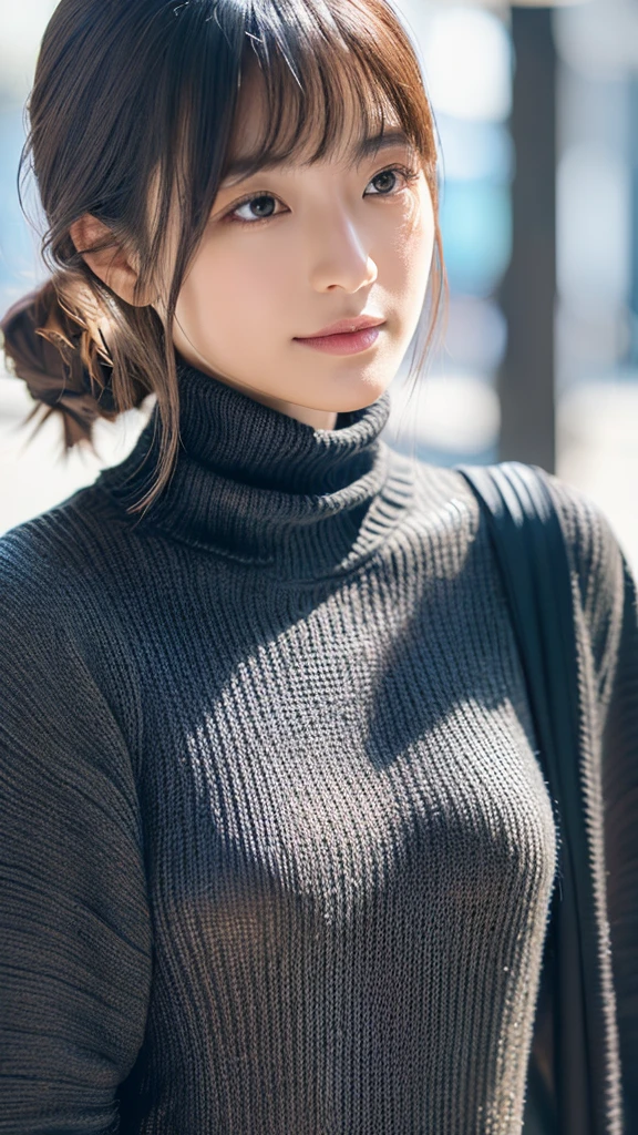 (Turtleneck knitwear、Shoulder bag)、(top-quality,​masterpiece:1.3,超A high resolution,),(ultra-detailliert,Caustics),(Photorealsitic:1.4,RAW shooting,)Ultra-realistic capture,A highly detailed,high-definition16Kfor human skin、 Skin texture is natural、、The skin looks healthy with an even tone、 Use natural light and color,One Woman,japanes,,kawaii,A dark-haired,Middle hair,(depth of fields、chromatic abberation、、Wide range of lighting、Natural Shading、)、(Hair swaying in the wind:1.2)、Streets of Tokyo