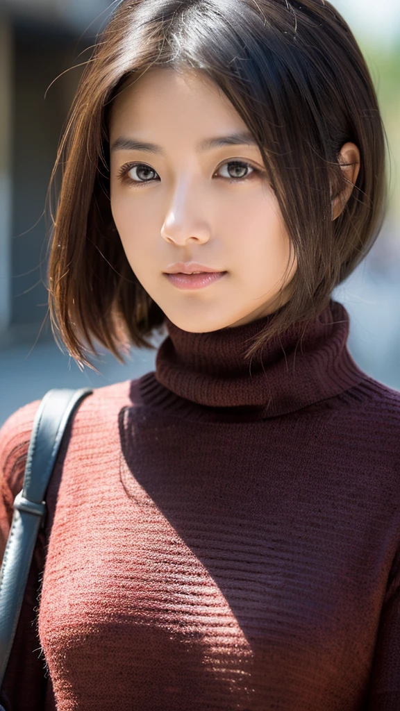 (Turtleneck knitwear、Shoulder bag)、(top-quality,masterpiece:1.3,超A high resolution,),(ultra-detailliert,Caustics),(Photorealsitic:1.4,RAW shooting,)Ultra-realistic capture,A highly detailed,high-definition16Kfor human skin、 Skin texture is natural、、The skin looks healthy with an even tone、 Use natural light and color,One Woman,japanes,,kawaii,A dark-haired,Middle hair,(depth of fields、chromatic abberation、、Wide range of lighting、Natural Shading、)、(Hair swaying in the wind:1.2)、Streets of Tokyo