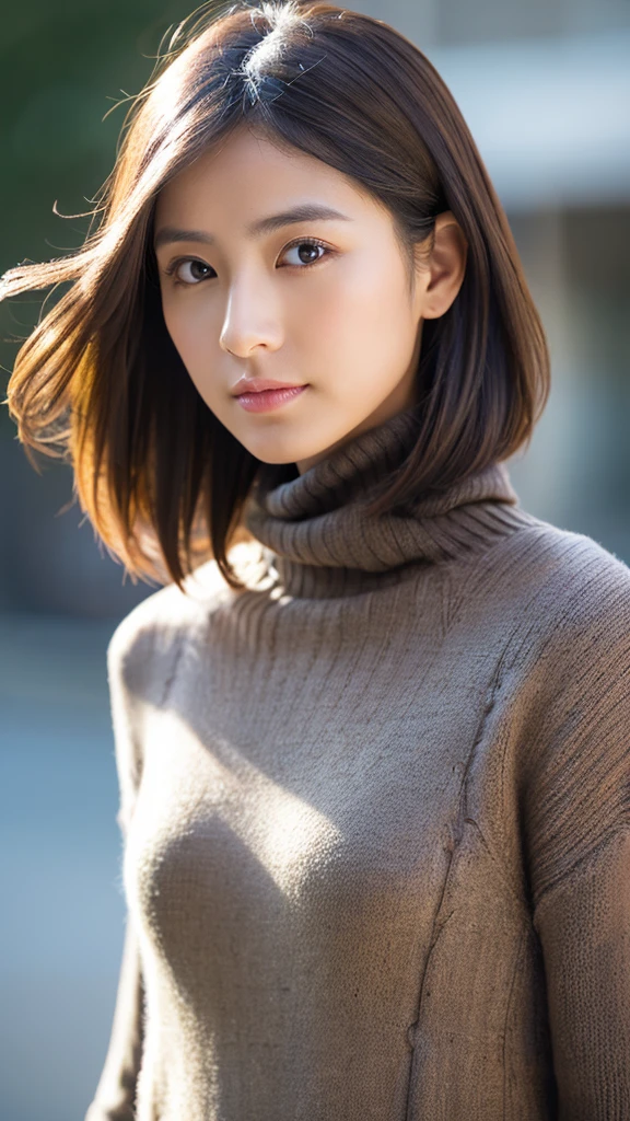 (Turtleneck knitwear、Shoulder bag)、(top-quality,masterpiece:1.3,超A high resolution,),(ultra-detailliert,Caustics),(Photorealsitic:1.4,RAW shooting,)Ultra-realistic capture,A highly detailed,high-definition16Kfor human skin、 Skin texture is natural、、The skin looks healthy with an even tone、 Use natural light and color,One Woman,japanes,,kawaii,A dark-haired,Middle hair,(depth of fields、chromatic abberation、、Wide range of lighting、Natural Shading、)、(Hair swaying in the wind:1.2)、Streets of Tokyo