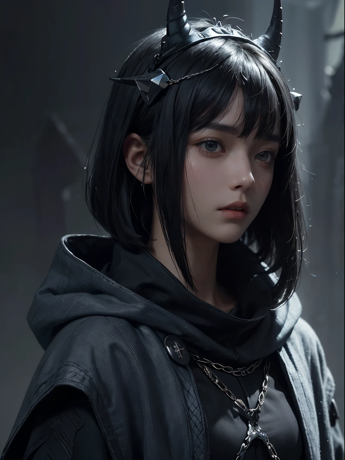 a 15 yo girl, wearing blue medieval hood with silver runes lining, serious face, short bob hair with bangs, black hair, single horn on left front fore head, dark theme, soothing tones, muted colors, high contrast, looking away (natural skin texture, hyperrealism, soft light, sharp) lost spirit background,