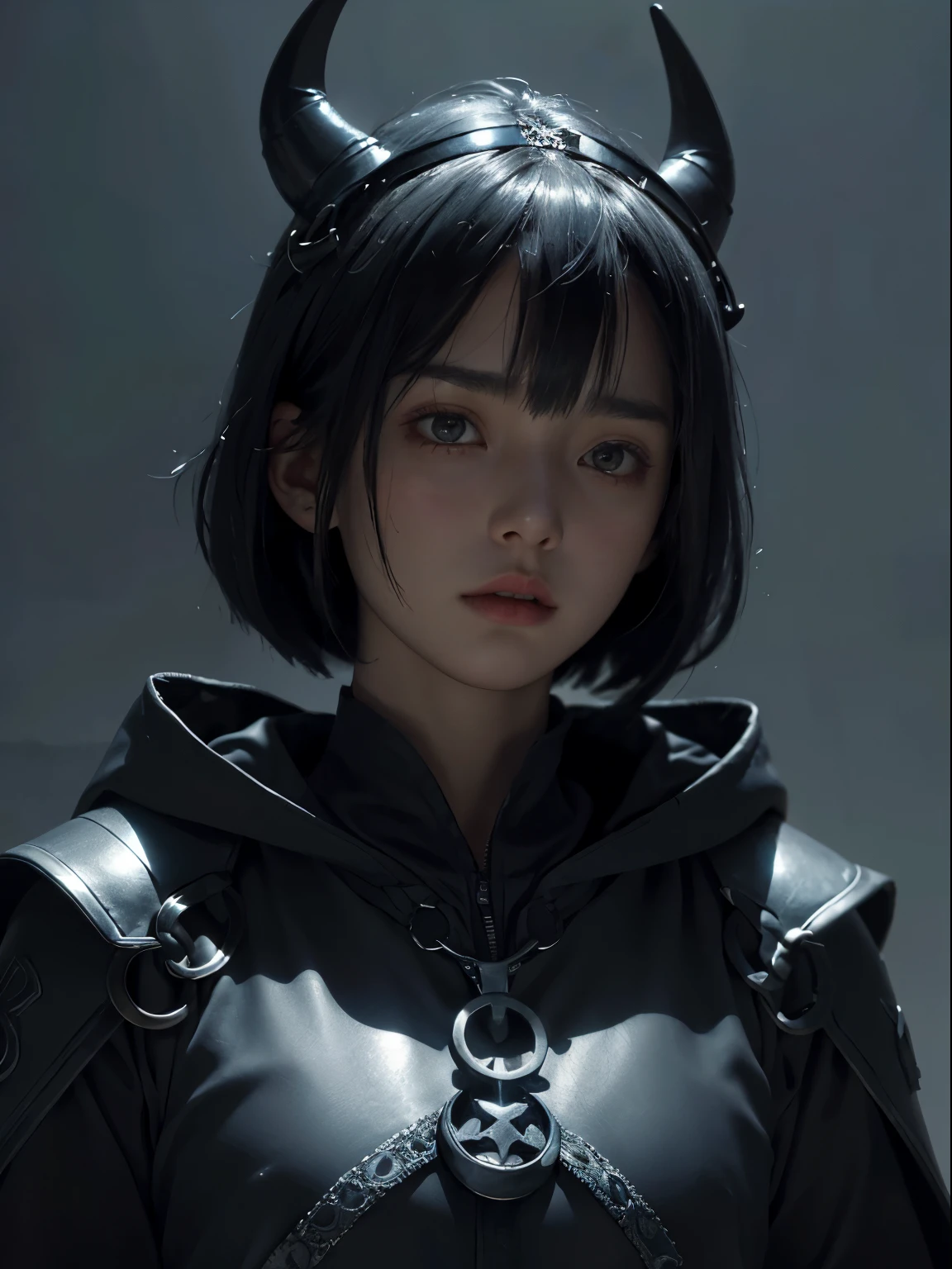 a 15 yo girl, wearing blue medieval hood with silver runes lining, serious face, short bob hair with bangs, black hair, single horn on left front fore head, dark theme, soothing tones, muted colors, high contrast, looking away (natural skin texture, hyperrealism, soft light, sharp) lost spirit background,
