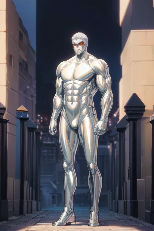 5 8K UHD、Muscular beauties with short silver hair wearing shiny full-body silver suits posing in muscular poses、A shiny silver latex suit that covers the skin、Masterpiece, Full Body Shot.,