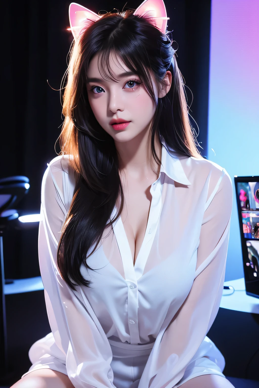 High-quality work,Realistic works,Super premium graphics,8K HD CG works,high quality graphics,High-definition and exquisite CG works,10x pixels,Ultra-fine details:1.1,Advanced technical details:1.1Realistic photo effects,Interior lighting effects:1.5,natural soft light:1.5. Light effect(Virtual light effects:1.8),Ultra-high resolution,shining dress,sliver long hair,silber hair,transparenthair,high detailed hair(Quality hair details:1.1)Clear eyes,Double eyelids look good,Sharp eye makeup, Create exquisite eyelash makeup, tthin eyebrows, Ultra-detailed eyes,a tall nose, lovely red lips, rosey cheeks, With delicate makeup on her face , pretty face, The face shape is perfectly proportioned,(Advanced facial details:1.1)girl、Heaven、hotel、black long straight hair、glowing neon lights、Video game room、sitting on gaming chair、Girls playing games、Illuminated keyboard、Glowing cat ears、(((UV lamps、White shirt glowing under black light)))、plump big breasts、large cleavage、satin fabric hot pants,,Women's artwork,Dress full body video,Reality,Amazing Cleavage,My eyes are very bright today