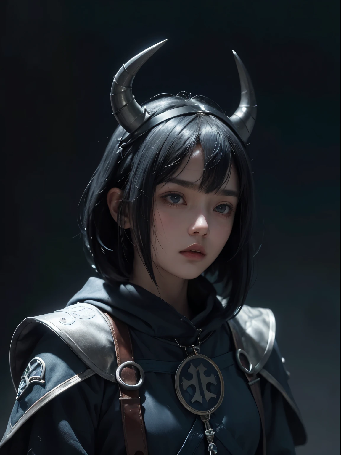 a 15 yo girl, wearing blue medieval hood with silver runes lining, serious face, short bob hair with bangs, black hair, single horn on left front fore head, dark theme, soothing tones, muted colors, high contrast, looking away (natural skin texture, hyperrealism, soft light, sharp) lost spirit background,