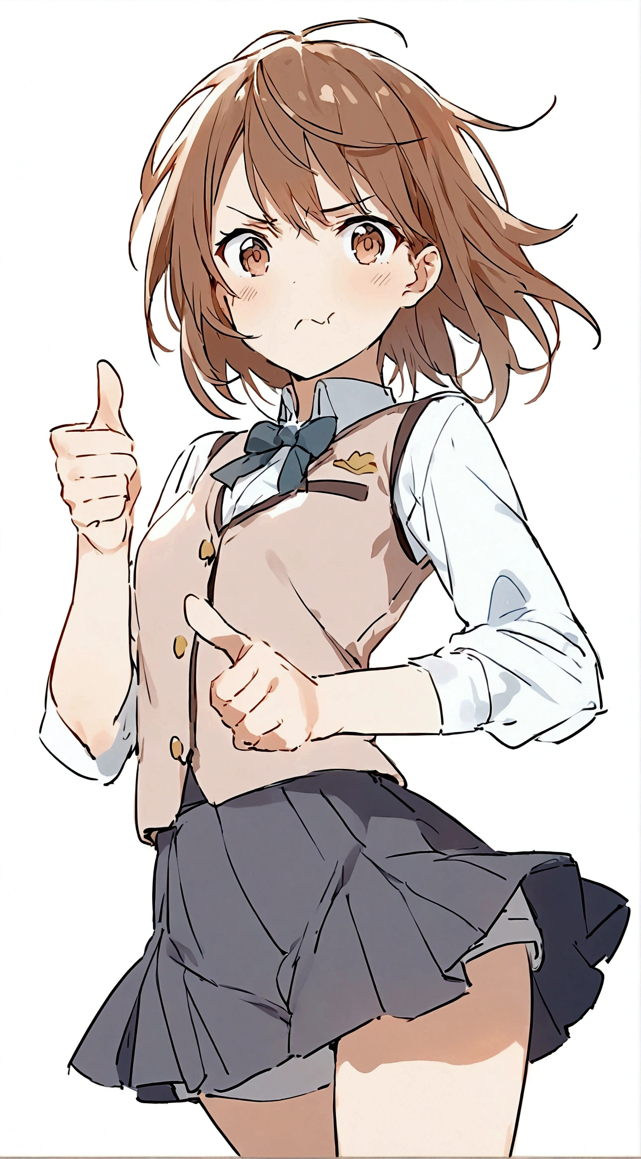 1girl,Brown eyes,Brown hair,One hand thumbs up,One hand on waist,Proud, Disgusted look, misaka mikoto,Uniforms,short hair,shorts,skirt下的shorts,Simple background,skirt,solo,White background