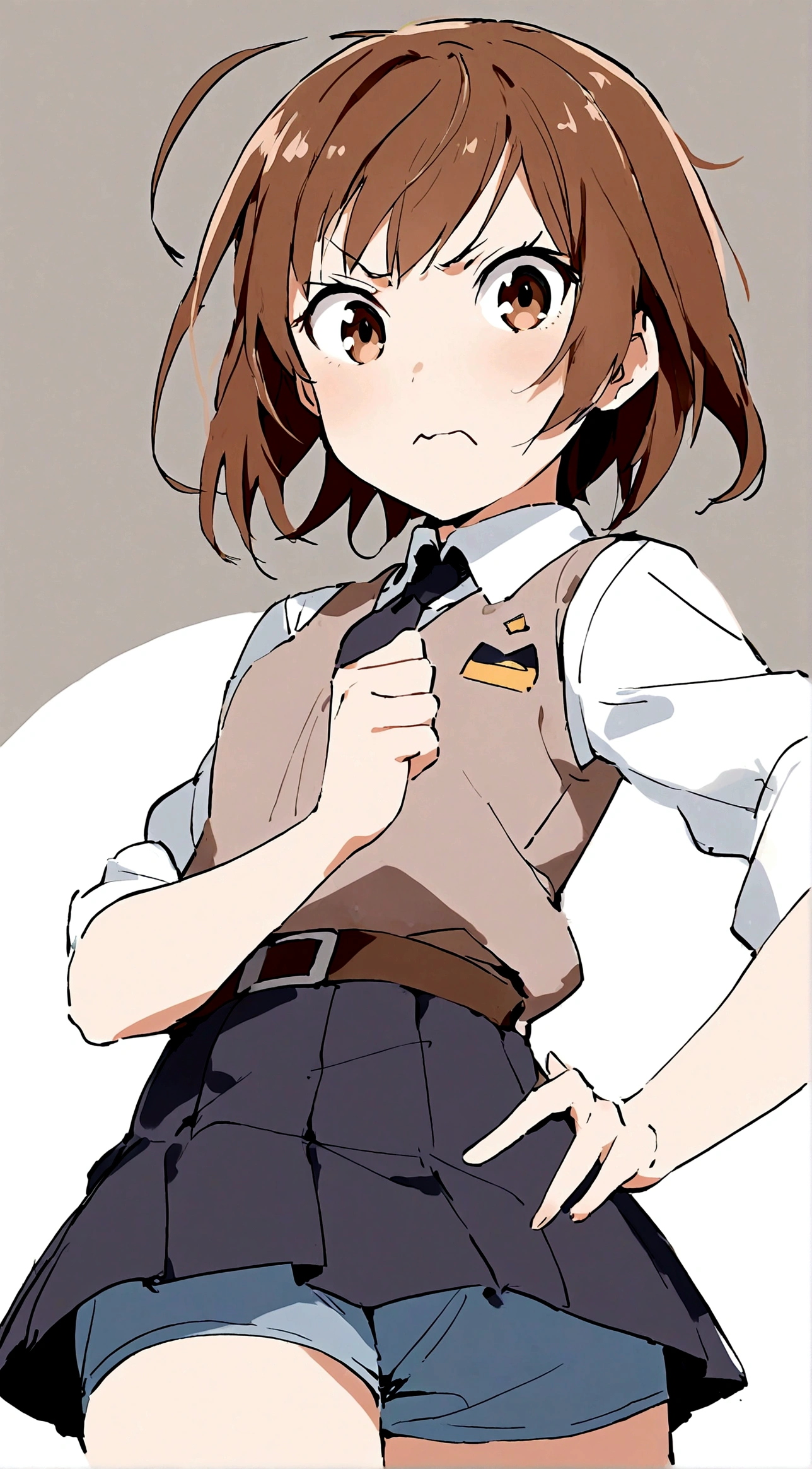1girl，Brown eyes，Brown hair，One hand thumbs up，One hand on waist，Proud, Disgusted look, misaka mikoto，Uniforms，short hair，shorts，skirt下的shorts，Simple background，skirt，solo，White background