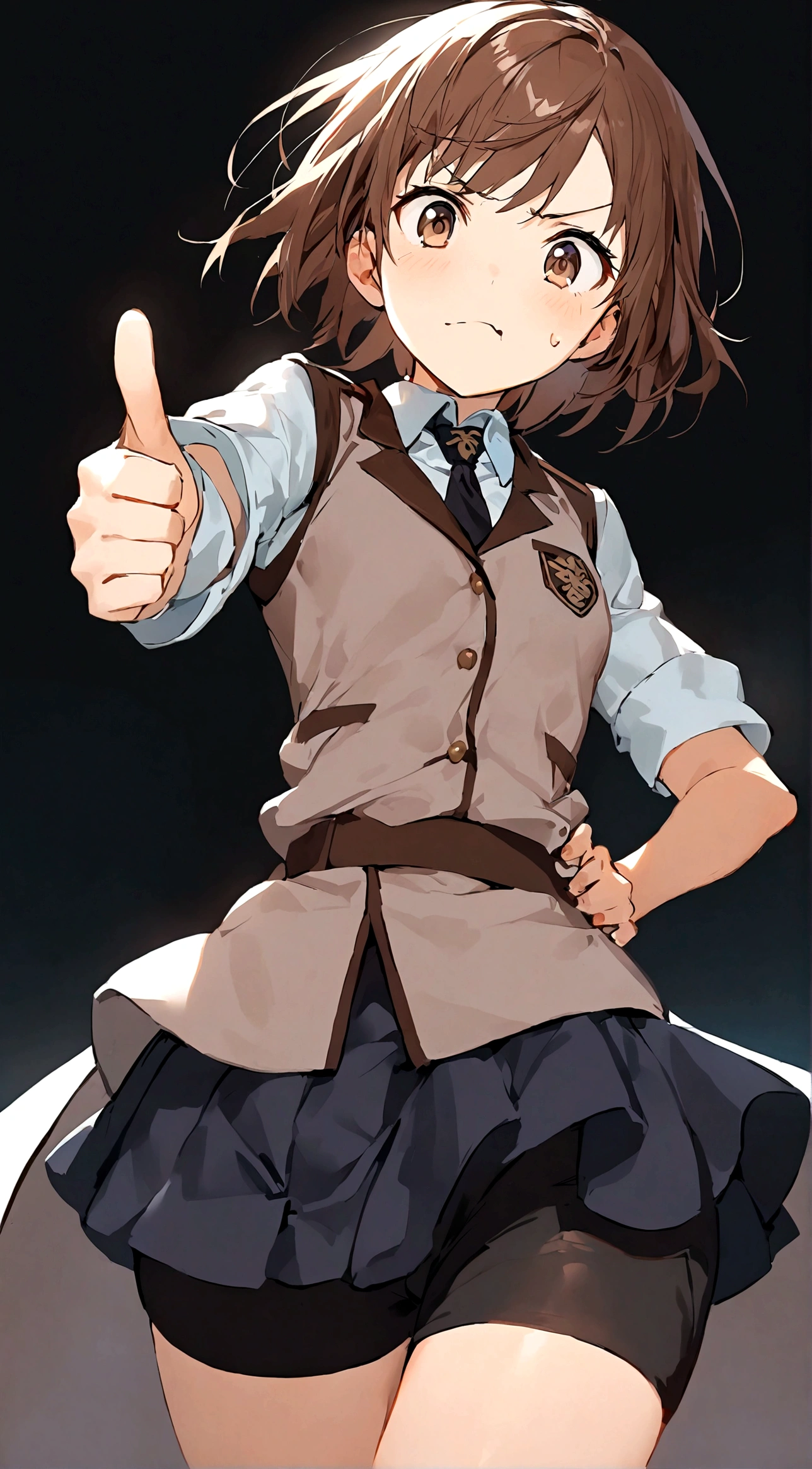 1girl,Brown eyes,Brown hair,One hand thumbs up,One hand on waist,Proud, Disgusted look, misaka mikoto,Uniforms,short hair,shorts,skirt下的shorts,Simple background,skirt,solo,White background