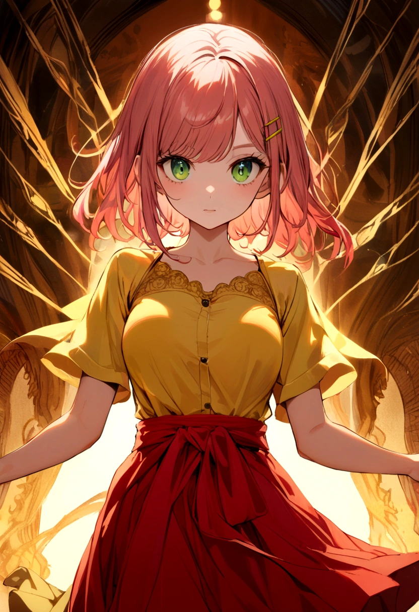 female with reddish pink hair to waist length, green eyes, yellow shirt, yellow hair clip, red knee length skirt