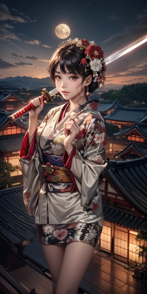 Cinematic Light, Lens flare, Ray Tracing, (Very beautiful face, Beautiful Lips, Beautiful Eyes), Streets of the Warring States Period、Moonlit Midnight、A woman in a gorgeous kimono、Flexible hand movements、Sexy hand gestures、Natural-feeling hand movements、A little more、Slimming the waist、A little more胸を大きく、The background is the roof of a building from the Sengoku period.、The kimono is green、The kimono is dotted with red and white floral patterns.、Holding a Japan sword in his right hand、The blade of the Japanese sword shines in the moonlight.、Smiling gently、The Japanese sword is connected straight over the head、Full moon and stars in the background々is shining、The Japanese sword is connected straight across the face、The blade of the Japanese sword held in the right hand is straight on both sides、The Japanese sword he is holding in his right hand is also shining.