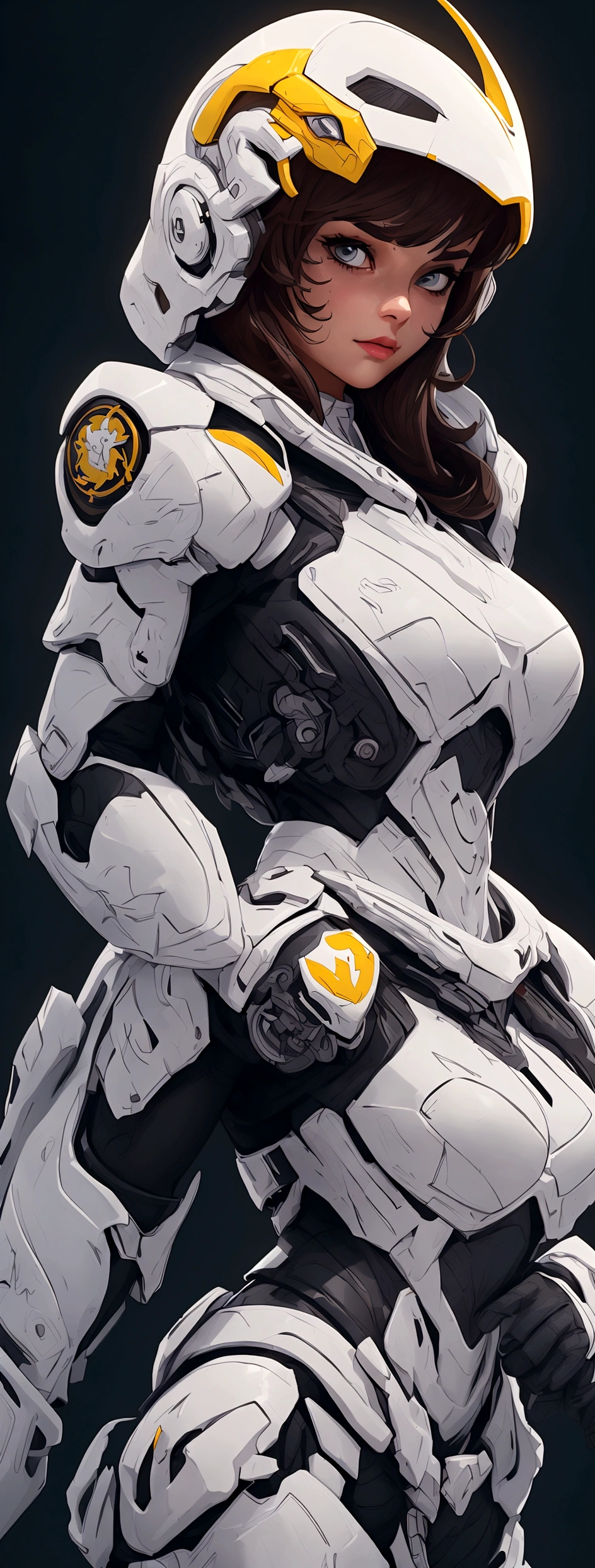 (best quality,4k,8k,highres,masterpiece:1.2),ultra-detailed, female ranger, white suit, tyrannosaurus head for helmet, asymmetrical suit, yellow claw shaped emblem on left side of suit. HDR, 8k, absurdres, cinestill 800, sharp focus, add_detail:2, (solo, woman)
