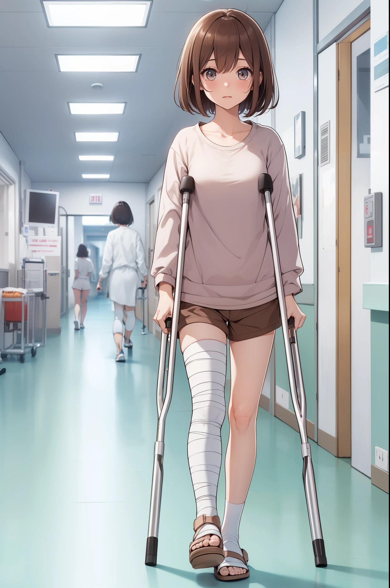 (masterpiece, best quality:1.2), (1girl, solo), 25years old, short brown hair, nervous eyes, (T-shirts, long sleeves), sports shorts, bandaged one leg, sandals, (walking with crutches, walking in the hospital corridor)