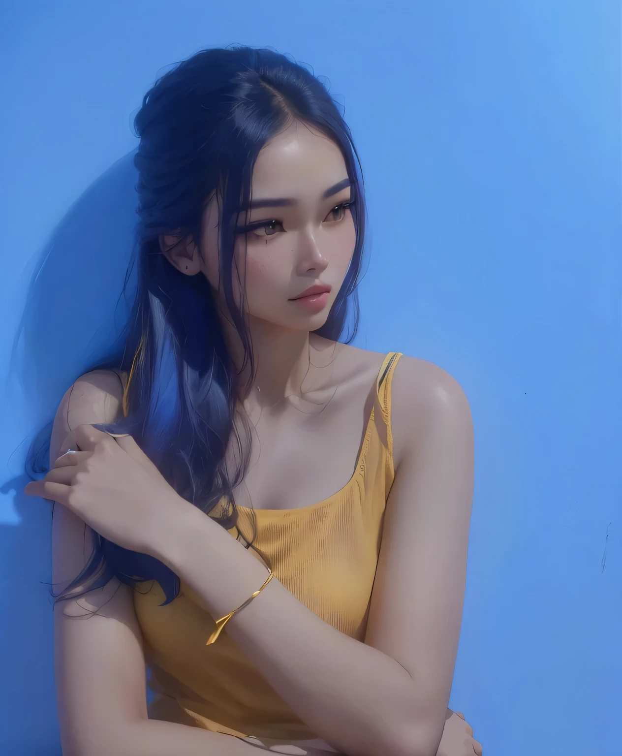 araffe woman in a yellow top leaning against a blue wall, casual pose, 🤤 girl portrait, cindy avelino, soft light from the side, smooth in _ the background, with long hair, from 8 k matte, nivanh chanthara, portait photo profile picture, side pose, sideview, leaked image, very low quality