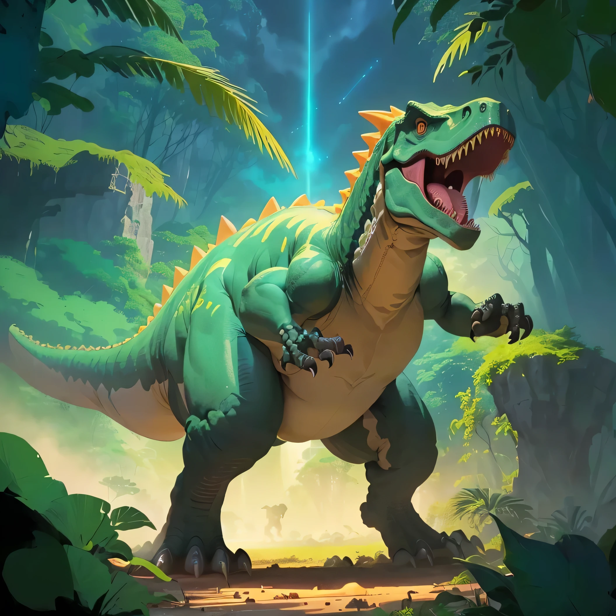 there is a Dinosaur that is standing in the jungle, Terex Dinosaur, Terex, Jurassic images, Dinosaur, inspired by abidino, Tyrannosaurus rex, carnivore Dinosaur, Detailed 2D illustrations, meteor impact behind a Dinosaur, author：Arthur Pan, Epic full-color illustrations, author Ryan Yee, author：Aleksander Gine, 2. 5D Illustration