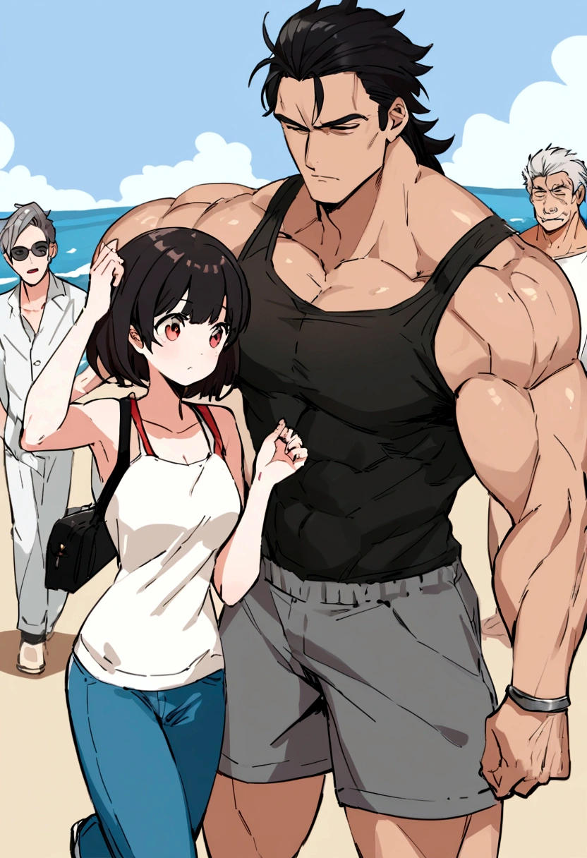 high resolution Seaside Japanese Male and female couple Older men Men have gray hair The man has visible abdominal muscles Men with lots of abdominal muscles are cool Cool Women are young Black Hair cute Stylish The woman is wearing a tank top