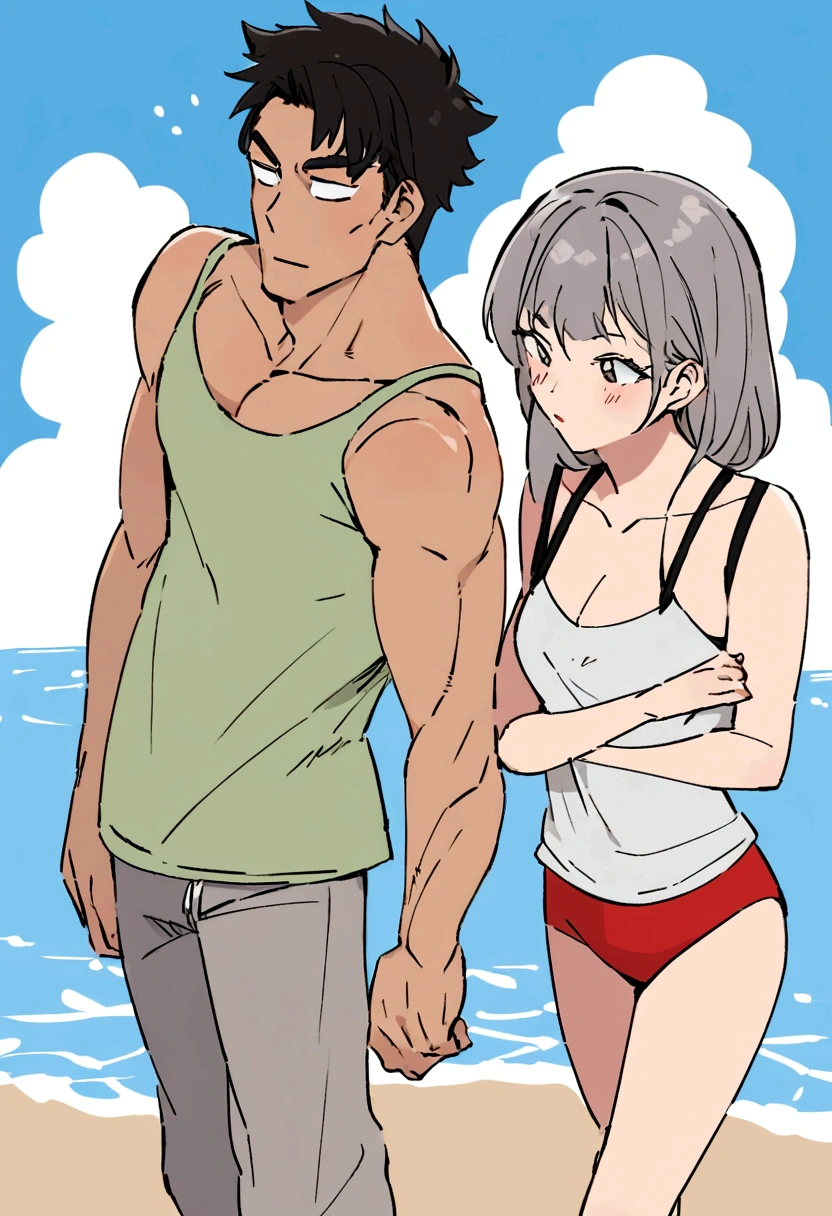 high resolution Seaside Japanese Male and female couple Older men Men have gray hair The man has visible abdominal muscles Men with lots of abdominal muscles are cool Cool Women are young Black Hair cute Stylish The woman is wearing a tank top