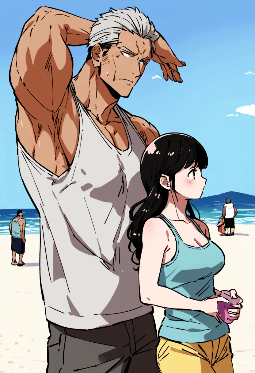 high resolution Seaside Japanese Male and female couple Older men Men have gray hair The man has visible abdominal muscles Men with lots of abdominal muscles are cool Cool Women are young Black Hair cute Stylish The woman is wearing a tank top