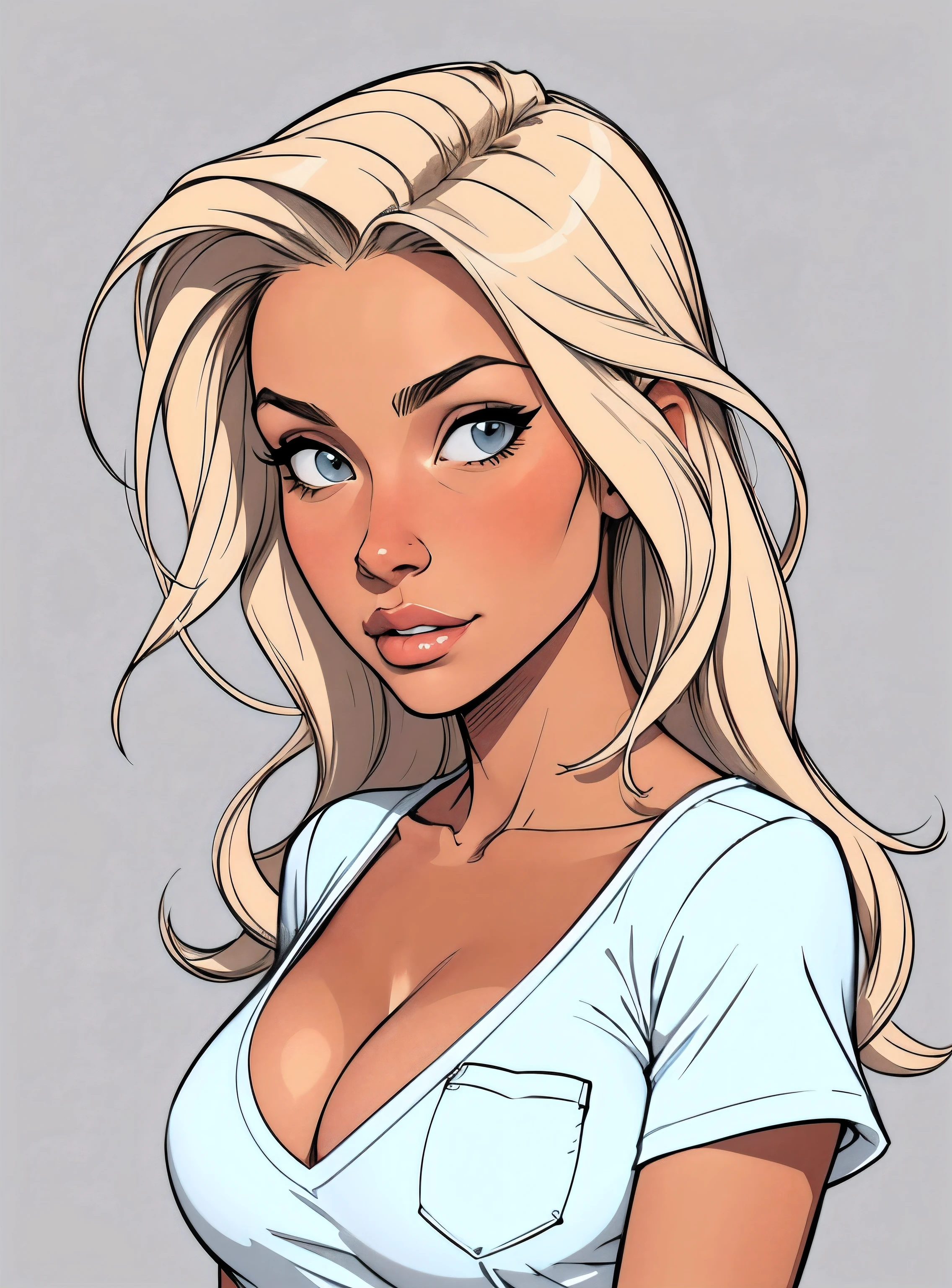 Flat colors, close up, Portrait of a 25 year old surfer girl, tan skin, beach blonde salty hair, natural beaty, beautiful, casual, pocket Tee shirt, large breast, Cleavage, (([Simple Grey Background]))