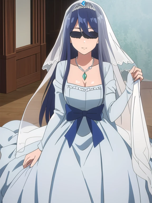 (((Best quality))),((Ultra-detailed)),((illustration)),((Disheveled hair)),((frilld)),(1 girl),(Solo),1girl,
1girl,
blue bow,
blue eyes,
blue flower,
blue ribbon,
blue rose,
bouquet,
breasts,
dress,
flower,
gradient,
gradient background,
grey background,
jewelry,
long hair,
necklace,
petals,
rose,
solo,
veil,
wedding dress,
white dress,A mask that covers the eyes, sleep mask
full body, (wedding dress:1.2)