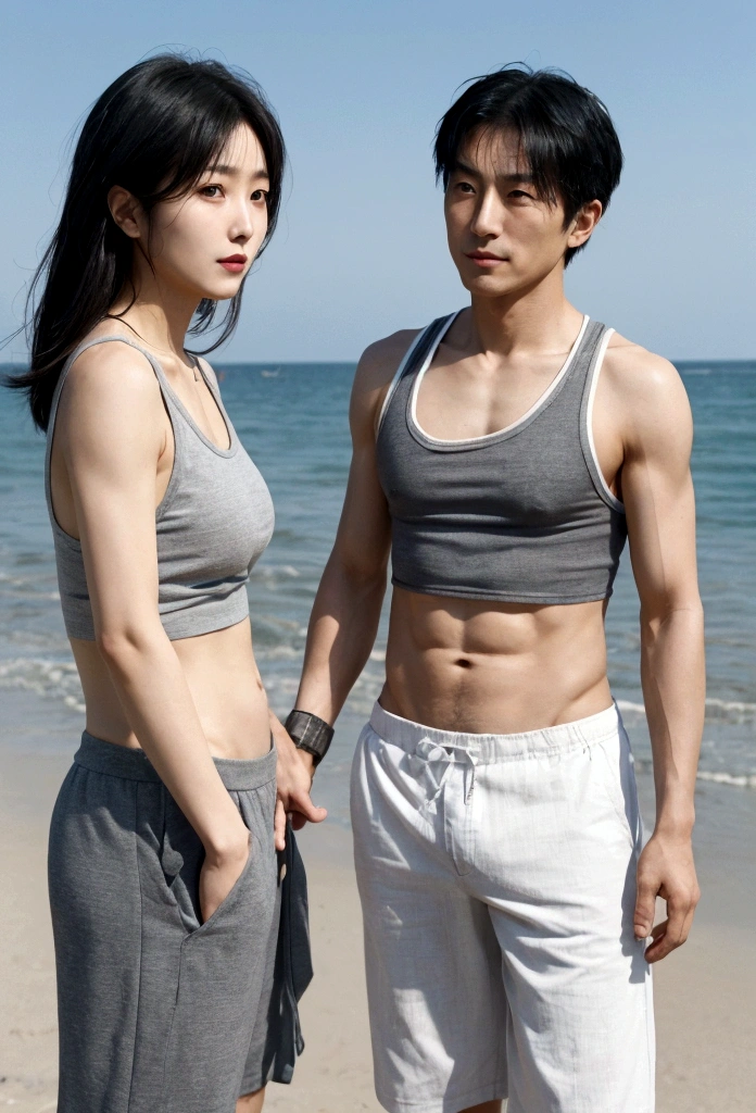 high resolution Seaside Japanese Male and female couple Older men Men have gray hair The man has visible abdominal muscles Men with lots of abdominal muscles are cool Cool Women are young Black Hair cute Stylish The woman is wearing a tank top