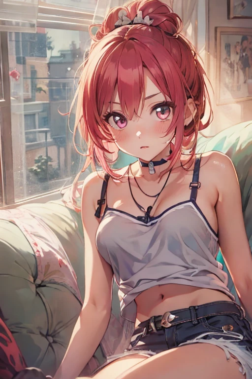 beautiful young woman, anime style, detailed face, red hair, hair in a bun, hair with black ribbons, large eyes, pink eyes, delicate features, soft lighting, blush, wearing a choker, wearing casual clothes, room wear, tank top, shorts, sexy, cleavage, relaxing on a living room sofa, cozy home interior, soft lighting, evening, relaxed posture, detailed background, illustration, anime art, hand-drawn style, high quality, highly detailed, 8k resolution, cinematic lighting, best quality, vibrant colors