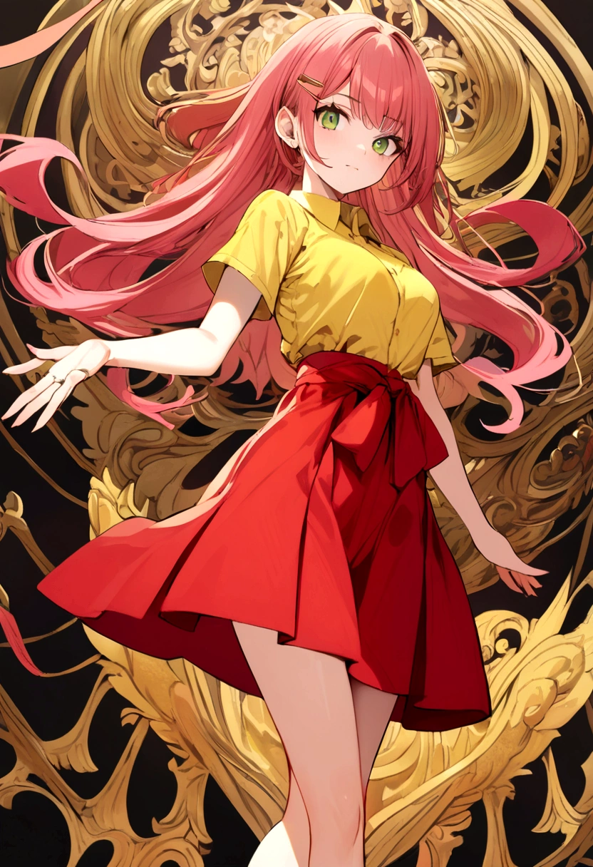 female with reddish pink hair to waist length, green eyes, yellow shirt, yellow hair clip, red knee length skirt