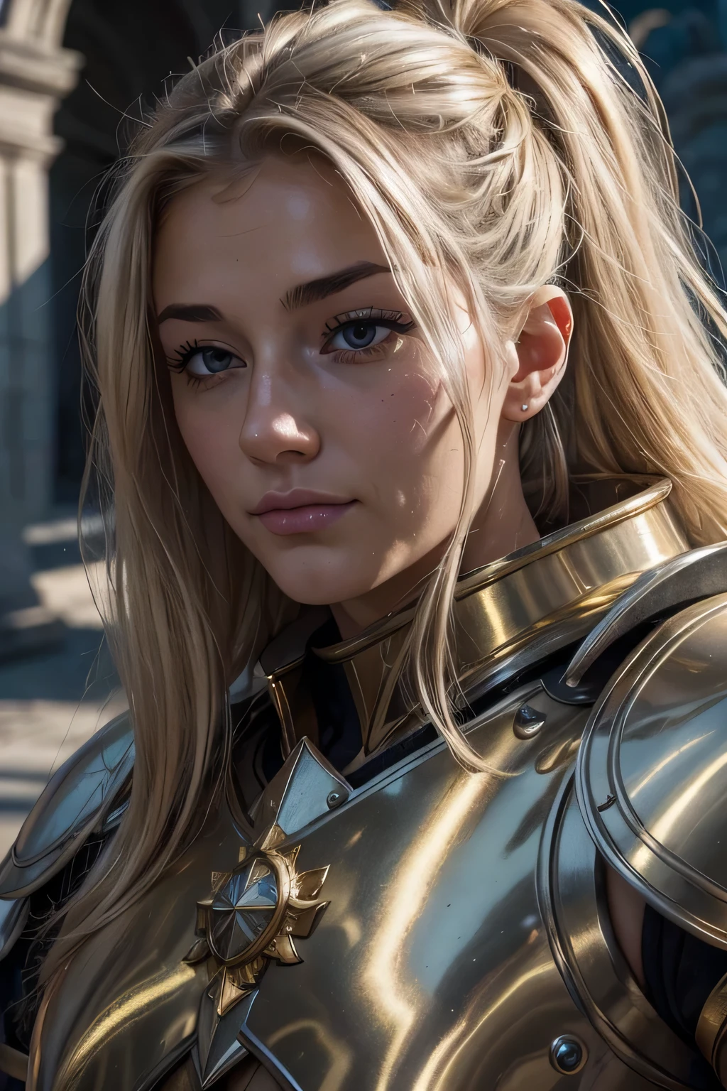 (Masterpiece), Best Quality, Detailed Eyes, Light Brown Eyes, White Skinned, Blonde and Gold Hair, Long Hair with a Messy Style, Grey, Silver, and Red Ornamental Armor, Full Plate Armor Shining under Ambient Light, Battle-Hardened General in Majestic Pose, Eyes Full of Resilience and Wisdom, Highly Detailed Facial Features, Realistic Sculpt, Closeup View, Majestic Background with Castle Ruins and Epic Landscape, Sunset Glow, Particle Effects for Flames and Magic Aura (Fantasy Theme), 4K UHD Rendering with Ray Tracing and Super Detailing