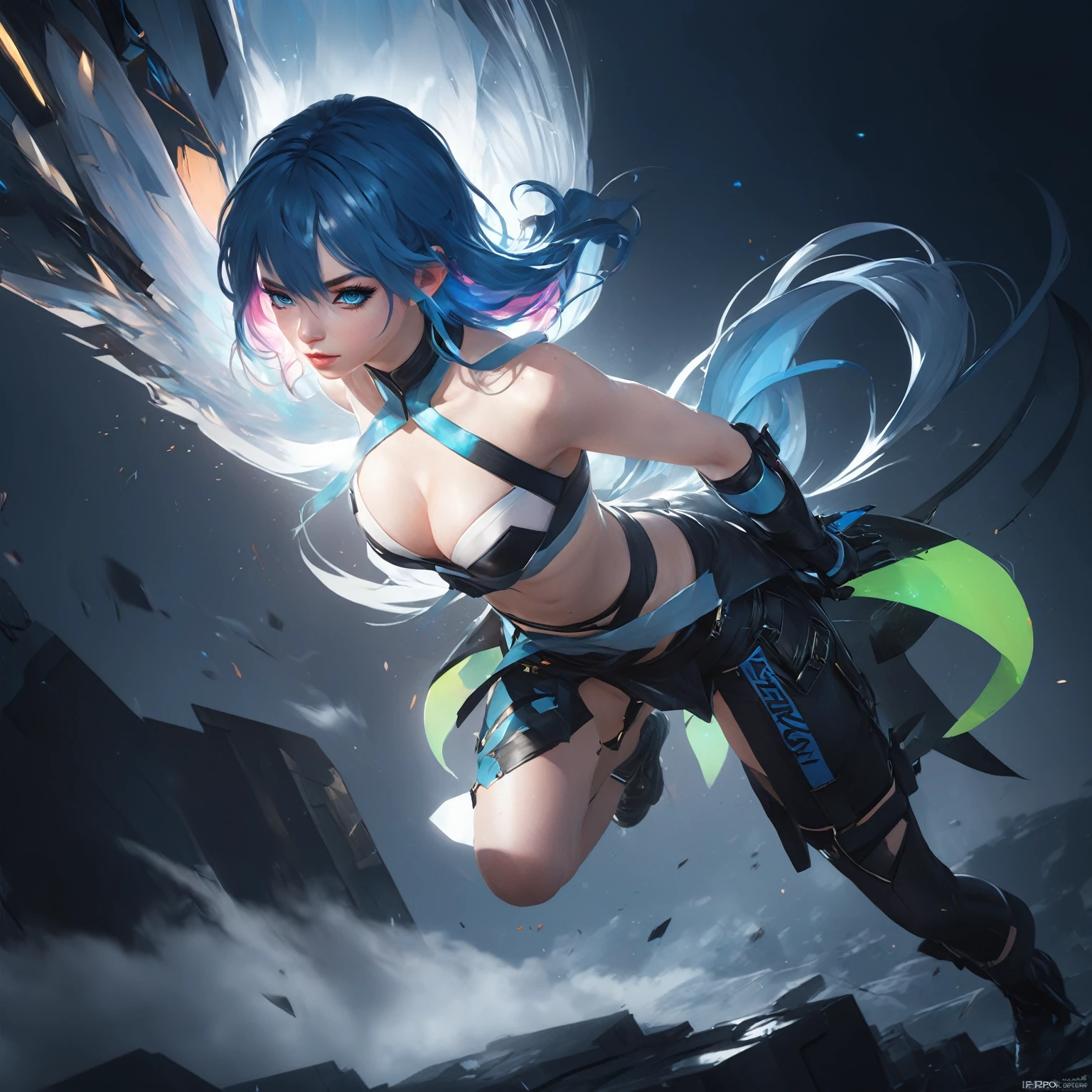 anime girl with blue hair and black outfit flying through the air, cushart krenz key art feminine, extremely detailed artgerm, ross tran 8 k, hero 2 d fanart artsation, anime style 4 k, 2. 5 d cgi anime fantasy artwork, badass anime 8 k, trending on artstation pixiv, artgerm on artstation pixiv