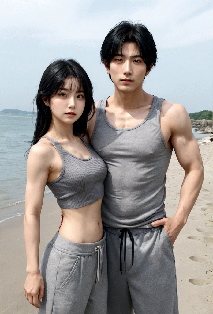 high resolution Seaside Japanese Male and female couple Older men Men have gray hair The man has visible abdominal muscles Men with lots of abdominal muscles are cool Cool Women are young Black Hair cute Stylish The woman is wearing a tank top