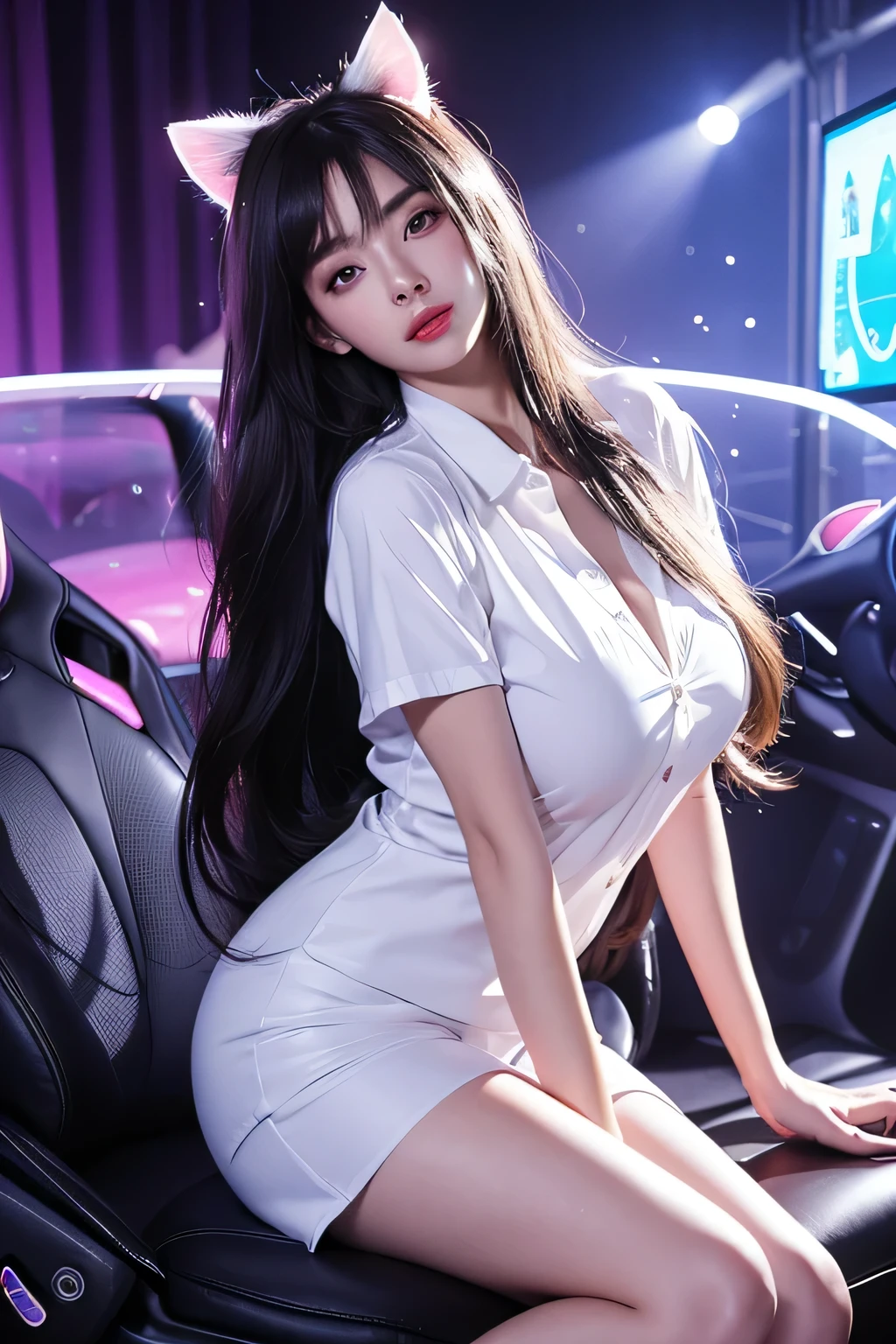 High-quality work,Realistic works,Super premium graphics,8K HD CG works,high quality graphics,High-definition and exquisite CG works,10x pixels,Ultra-fine details:1.1,Advanced technical details:1.1Realistic photo effects,Interior lighting effects:1.5,natural soft light:1.5. Light effect(Virtual light effects:1.8),Ultra-high resolution,shining dress,sliver long hair,silber hair,transparenthair,high detailed hair(Quality hair details:1.1)Clear eyes,Double eyelids look good,Sharp eye makeup, Create exquisite eyelash makeup, tthin eyebrows, Ultra-detailed eyes,a tall nose, lovely red lips, rosey cheeks, With delicate makeup on her face , pretty face, The face shape is perfectly proportioned,(Advanced facial details:1.1)girl、Heaven、hotel、black long straight hair、glowing neon lights、Video game room、sitting on gaming chair、Girls playing games、Illuminated keyboard、Glowing cat ears、(((UV lamps、White shirt glowing under black light)))、plump big breasts、large cleavage、satin fabric hot pants,,Women's artwork,Dress full body video,Reality,Amazing Cleavage,My eyes are very bright today