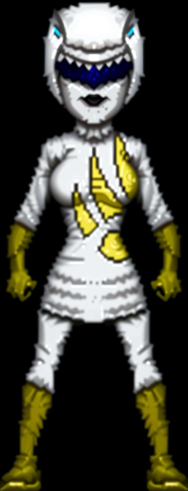 a close up of a person in a white suit with yellow gloves, heavy white and golden armor, detailed white armor, intricate white and gold armor, intricate white armor, streamlined white armor, full body sprite, skintight silver armor, white plated armor, ornate white and gold armour, entire body, snake-face female guard, clothed in ethereal battle armor