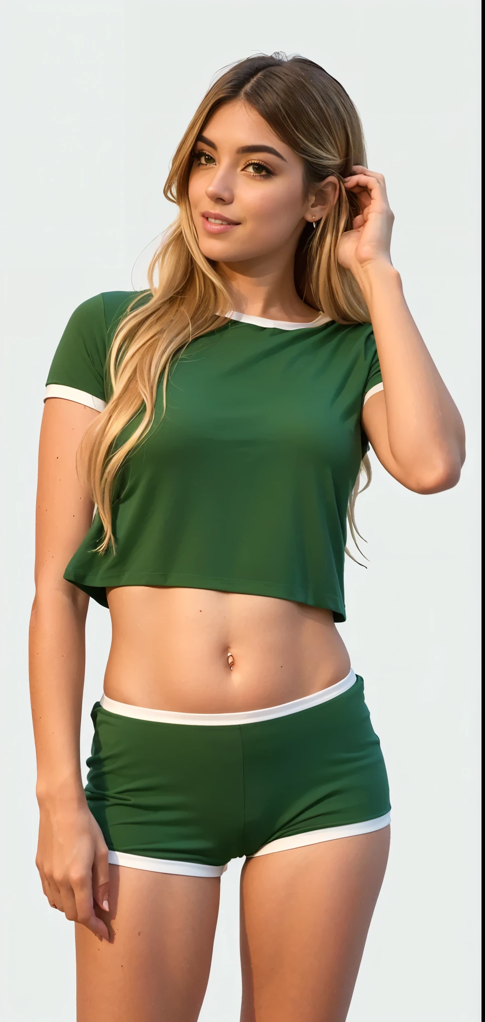 uma mulher de top verde e shorts posando para uma foto, com camiseta rasgada, roupas verdes, Verde escuro, corte superior, casual roupas verdes, camisa verde, corte superior, verde oliva, Roupas Verdes, corte superior and shorts, Verde floresta, physicist : a menor barriga de todos os tempos, barriga exposta, hera