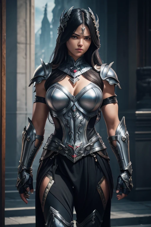 (nsfw:0.2), Very large black and silver chest armor, metal shoulder armor, black and brown gauntlets, black and silver combat pants, metal leg armor, have a very large halberd, tight armor, Muscles throughout the body swell, masterpiece, Highest quality photorealistic RAW photos。bright colors, rich colors, Backlight, cinematic lighting, film grain, to be born, 50mm lens, Nikon D850,detailed character art,fantasy art,ultra high resolution,super realistic skin, perfect hand shape