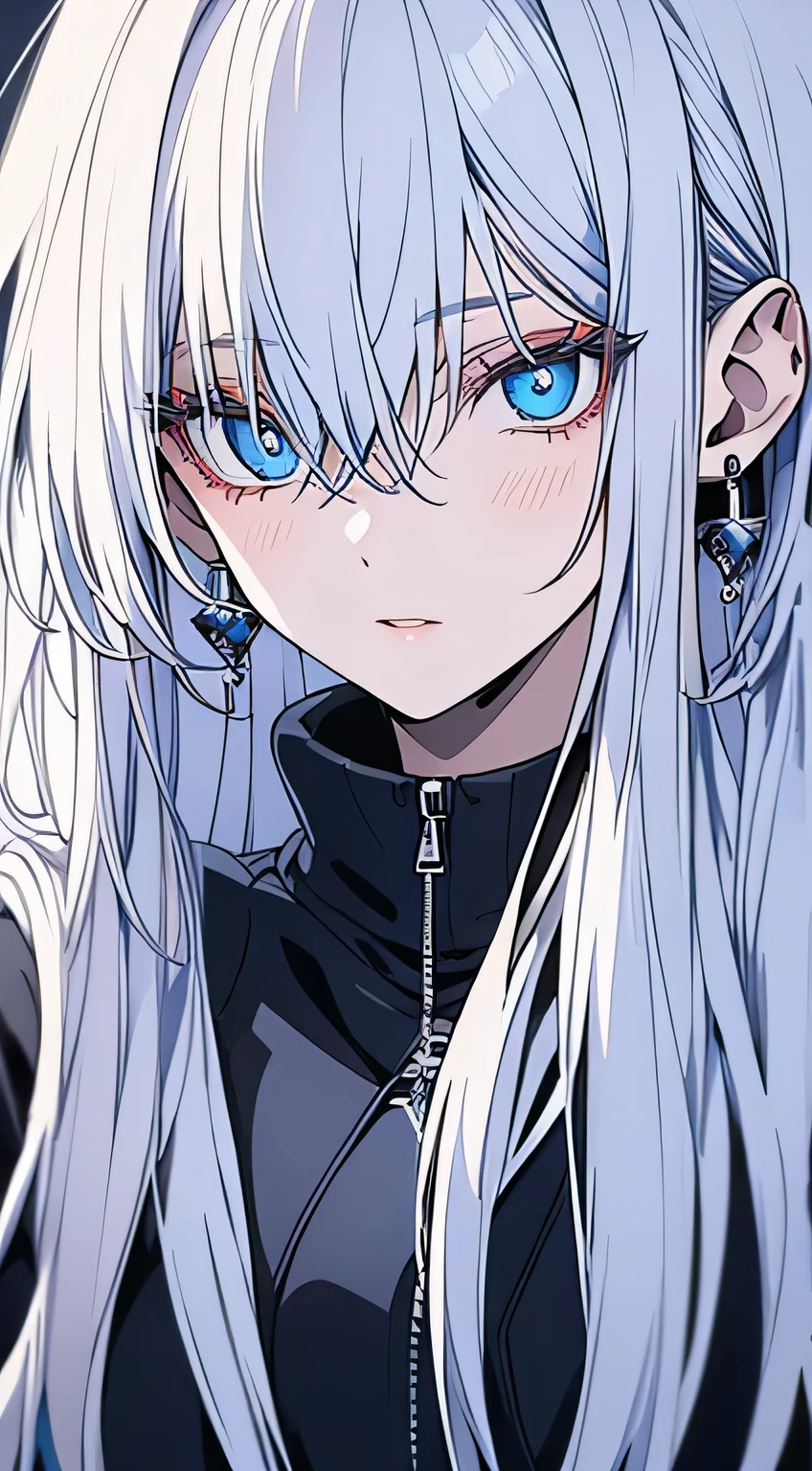 Gojo Satoru changes to female gender, long white hair, crystal blue eye color, detailed face, detailed eyes, detailed lips, cold gaze, wearing a black hoodie, masterpiece, hd