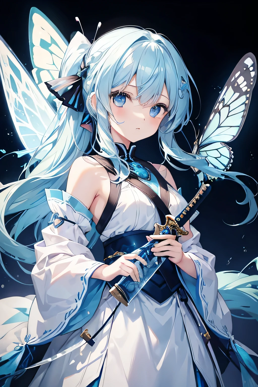 One Girl、Light blue hair、Her hair is tied with a big butterfly ornament、Holding a sword covered in ice、I'm a little hurt、Grim expression