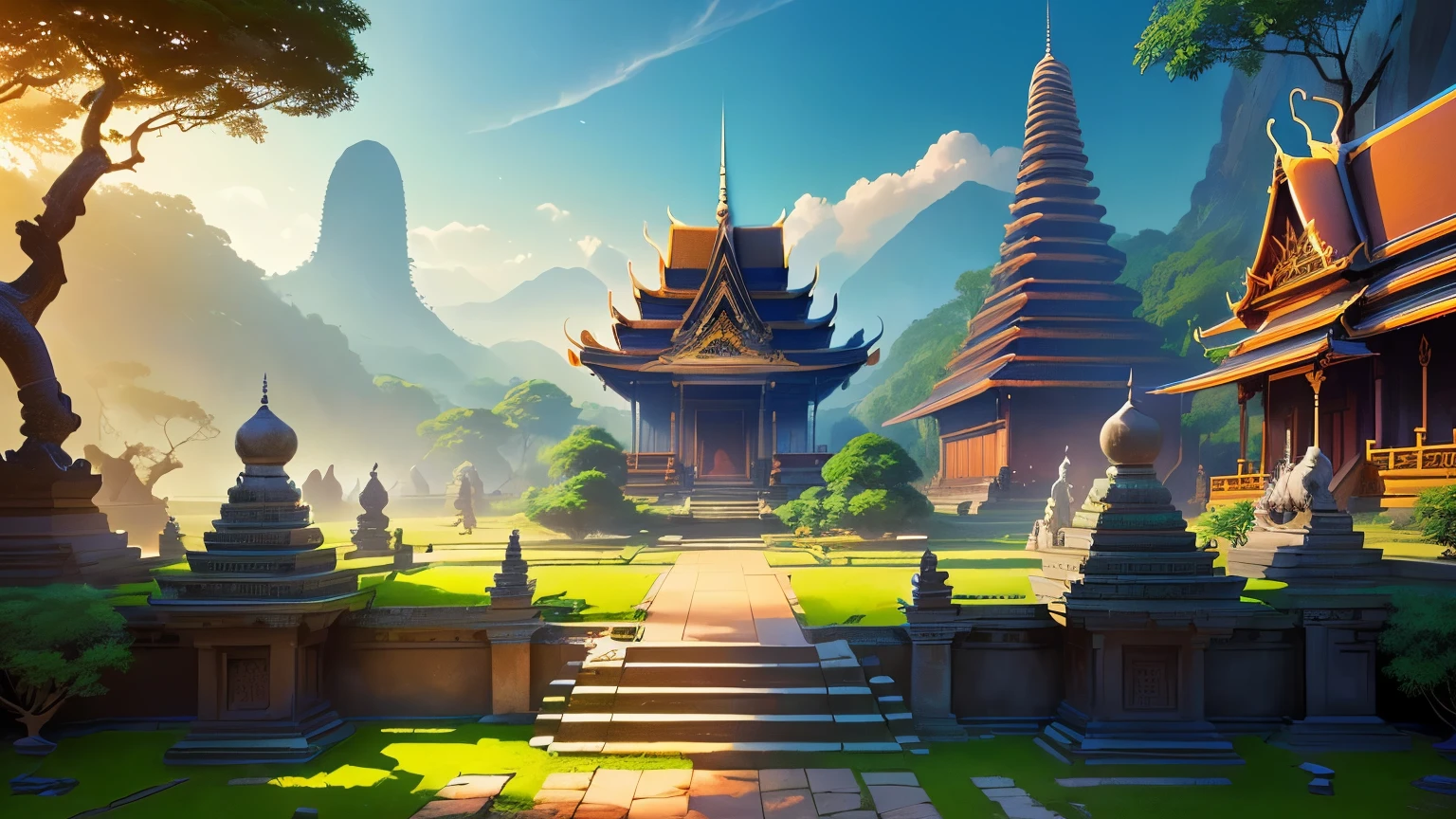 there are two elephants standing on the steps in the park, background art, background artwork, ross tran. scenic background, concept art wallpaper 4k, anime background art, anime landscape wallpaper, amazing wallpaper, avatar landscape, andreas rocha style, environment design illustration, landscape wallpaper, anime landscape, game background, beautiful wallpaper, anime scenery concept art, temple background, cartoon scene of a Thailand forest with a garden and a forest , two thailand elephant stone, Thai garden forest with stone yard and temple background, royal garden background, light kingdom backdrop, background art, a wide open courtyard in an epic, loadingscreen, background artwork, stylized concept art, background depicting garden with stone yard and a temple around, epic background, relaxing concept art, splash screen art, thailand concept, thailand style