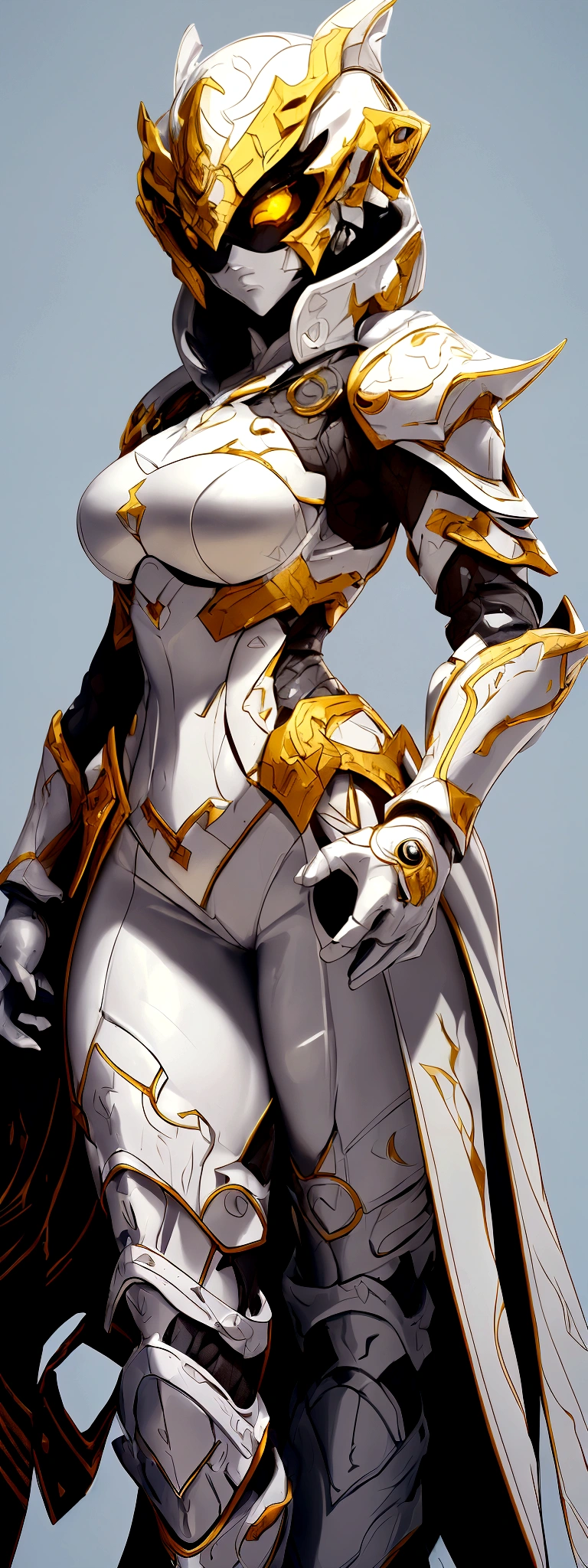(best quality,4k,8k,highres,masterpiece:1.2),ultra-detailed, female ranger, white suit, tyrannosaurus head for helmet, asymmetrical suit, yellow claw shaped emblem on left side of suit. a close up of a person in a white suit with yellow gloves, heavy white and golden armor, detailed white armor, intricate white and gold armor, intricate white armor, streamlined white armor, full body sprite, skintight silver armor, white plated armor, ornate white and gold armour, entire body, snake-face female guard, clothed in ethereal battle armor, HDR, 8k, absurdres, cinestill 800, sharp focus, add_detail:2, (solo, woman)