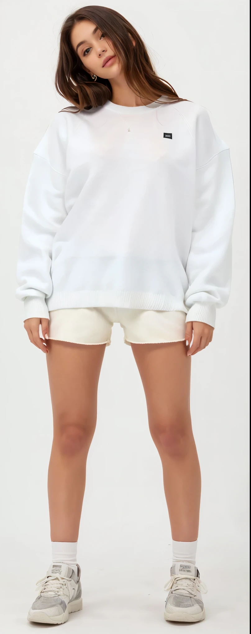 uma mulher de moletom branco e shorts posando para uma foto, moletom com capuz grande, White Sweater, wearing an moletom com capuz grande, exposed coxas, roupas brancas, cute white cotton shorts, Roupas brancas, exposed coxas!!!, Short curto, wearing a White Sweater, coxas, roupa branca, minissaia branca, wearing Roupas brancas, no pants, saia branca