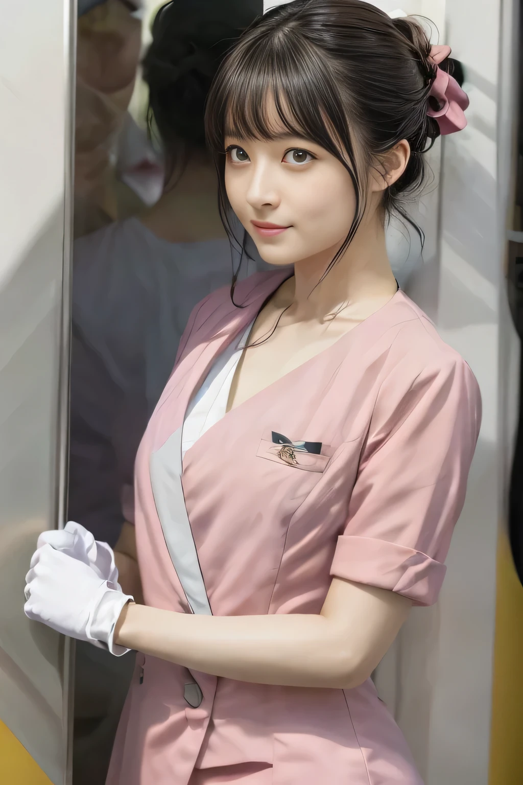 (masterpiece:1.2, highest quality:1.2), 32K HDR, High resolution, (alone、1 girl)、 (Height: 160cm)、(On the rooftop of a building in the daytime、Professional Lighting)、Building rooftop background、(Nankai train crew uniform pinkを着たリアルスタイル)、(Nankai train crew uniform pink short sleeve collarless pink jacket、Nankai Train Crew Uniform Pink Collarless Short Sleeve Blouse、Nankai Train Crew Uniform Pink Grey Knee-length Culottes)、Dark brown hair、(Hair tied up、Hair tied up、Evening curly hairstyle)、Dark brown hair、Long Shot、Big Breasts、Thin legs、((Great hands:2.0)),((Harmonious body proportions:1.5)),((Normal limbs:2.0)),((Normal finger:2.0)),((Delicate eyes:2.0)),((Normal eyes:2.0)))、smile、(Nankai Train Crew Uniform Pink Grey Knee-length Culottesを見せた美しい歩く姿)、Place your hands around your stomach、Lanyard employee ID card