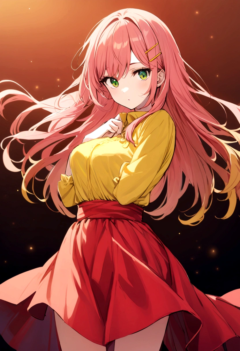 female with reddish pink hair to waist length, green eyes, yellow shirt, yellow hair clip, red knee length skirt