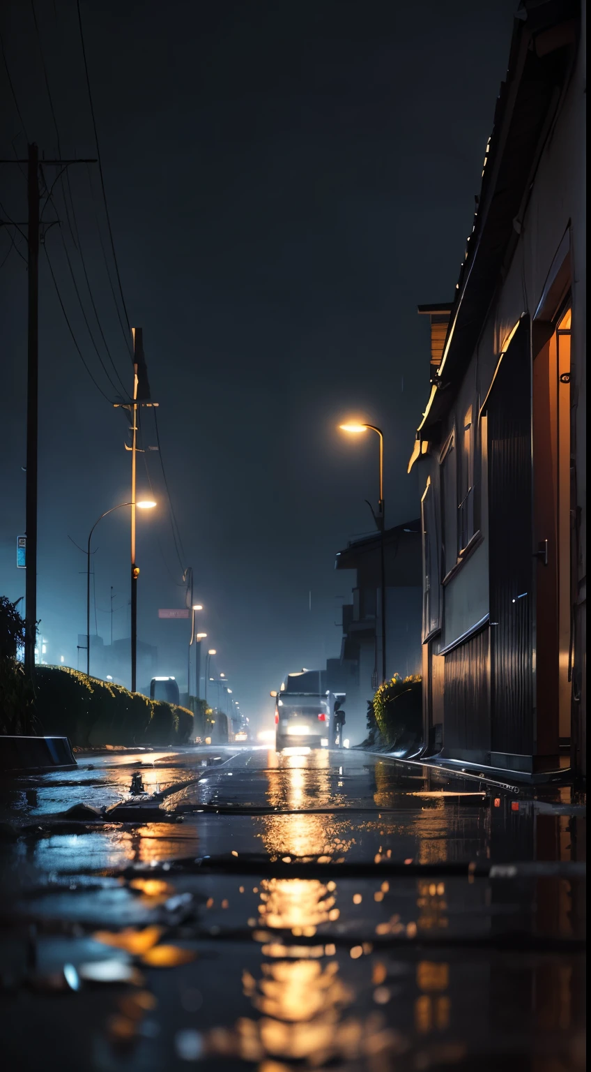 The heavy rain drenched the lonely background of the night