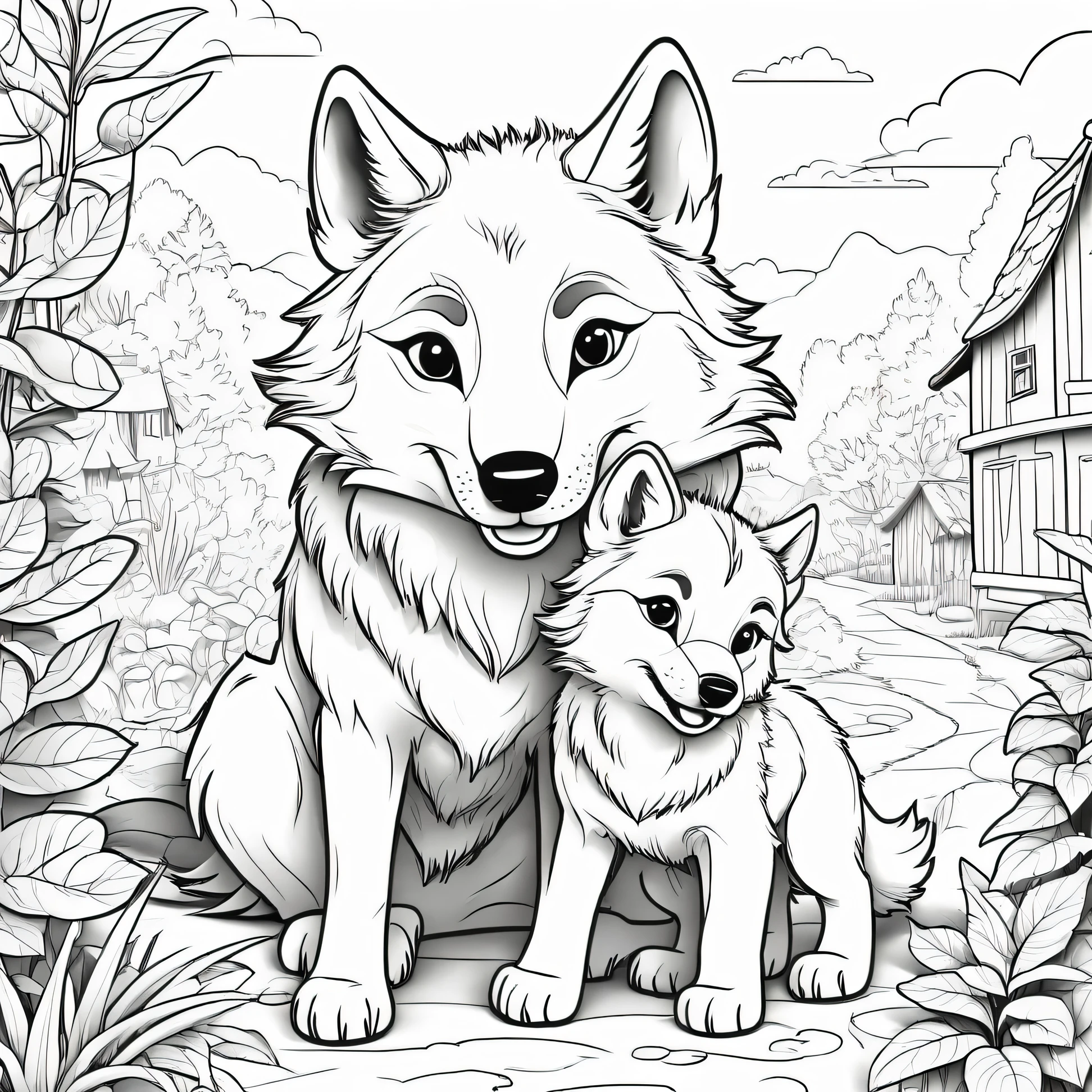 Cute and adorable wolf and its Cub playing in village, coloring page for kids, happy, smiling, surrounded by plants, vector art, minimalistic, vector 2d, black lines white background, coloring page for beginners, vector illustration, pencil strokes, no color, drawing for coloring, white background, pixar style, black and white