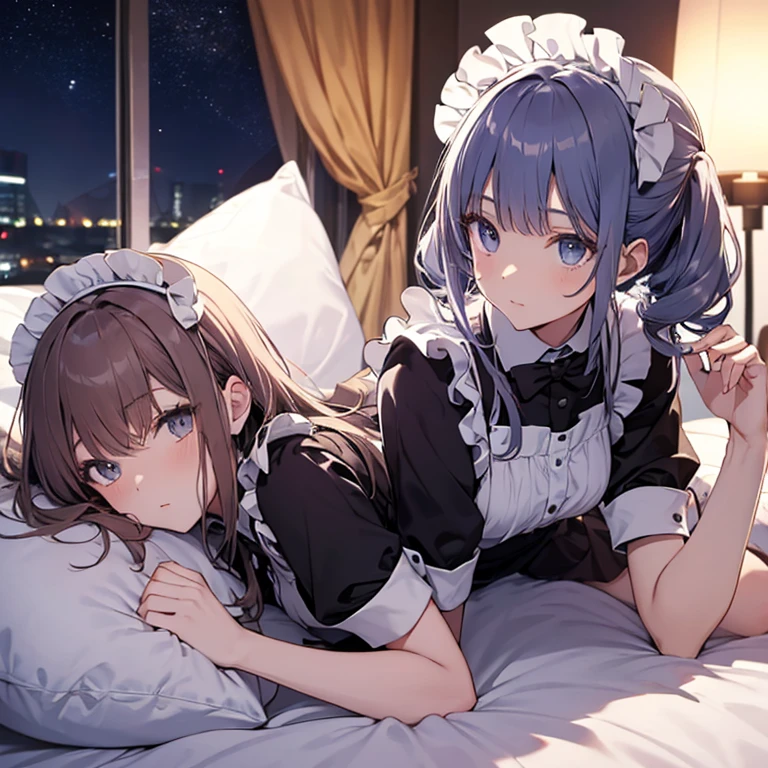 A maid, (in bedroom), various hair styles, night, details face, seducing, maid uniform, laying on bed