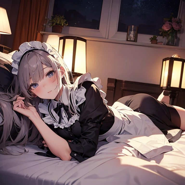 A maids, (in bedroom), various hair styles, night, details face, short skirt, seducing, sleeveless, maid uniform, armpits, , on bed