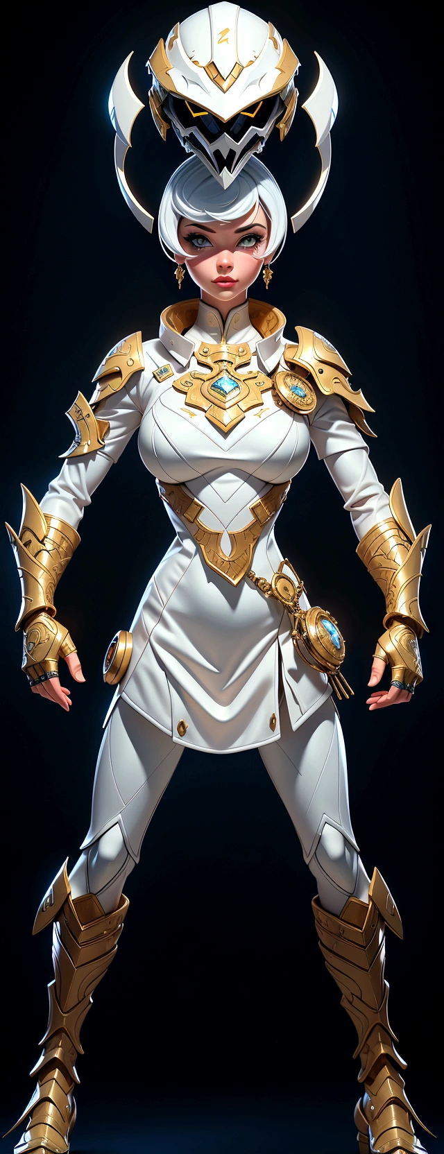 (best quality,4k,8k,highres,masterpiece:1.2),ultra-detailed, female ranger, white suit, tyrannosaurus head for helmet, asymmetrical suit, yellow claw shaped emblem on left side of suit. a close up of a person in a white suit with yellow gloves, heavy white and golden armor, detailed white armor, intricate white and gold armor, intricate white armor, streamlined white armor, full body sprite, skintight silver armor, white plated armor, ornate white and gold armour, entire body, snake-face female guard, clothed in ethereal battle armor, HDR, 8k, absurdres, cinestill 800, sharp focus, add_detail:2, (solo, woman)
