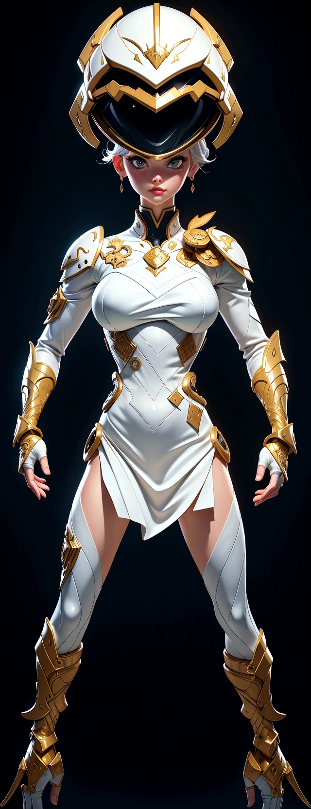(best quality,4k,8k,highres,masterpiece:1.2),ultra-detailed, female ranger, white suit, tyrannosaurus head for helmet, asymmetrical suit, yellow claw shaped emblem on left side of suit. a close up of a person in a white suit with yellow gloves, heavy white and golden armor, detailed white armor, intricate white and gold armor, intricate white armor, streamlined white armor, full body sprite, skintight silver armor, white plated armor, ornate white and gold armour, entire body, snake-face female guard, clothed in ethereal battle armor, HDR, 8k, absurdres, cinestill 800, sharp focus, add_detail:2, (solo, woman)