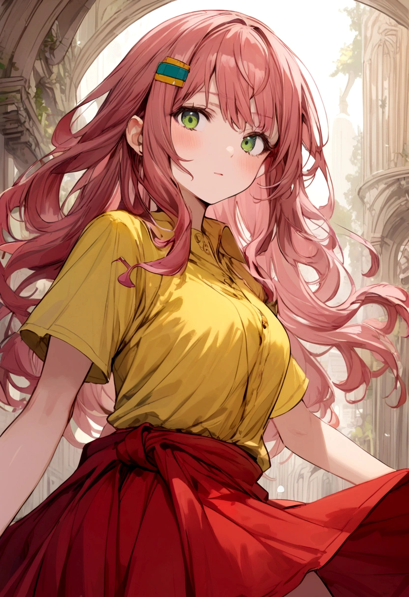 female with reddish pink hair to waist length, green eyes, yellow shirt, yellow hair clip, red knee length skirt
