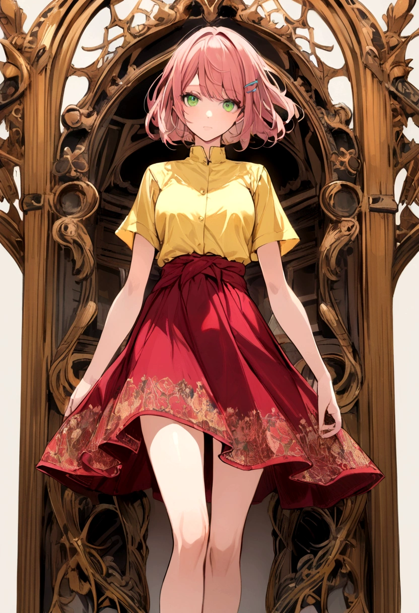 female with reddish pink hair to waist length, green eyes, yellow shirt, yellow hair clip, red knee length skirt