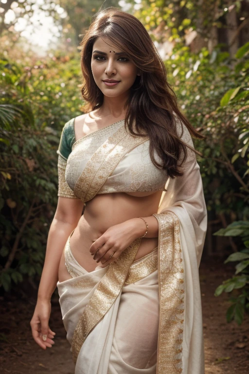 Nsfw. walking in a moonlit courtyard, forest background, mythival forest, huge trees, exotic girl, indian, vivacious, looking at the viewer, shining skin, perfect lighting, the embodiment of grace and elegance, provocative pose, smiling seductively, (saree and jewelry), big breasts, curvy ass, clear curvy details, beautiful curves, detailed eyes, detailed pupil, long shining hair, volumetric lighting, Ultra Detailed, unity 8k wallpaper, ultra detailed, aesthetic, masterpiece, best quality, photorealistic